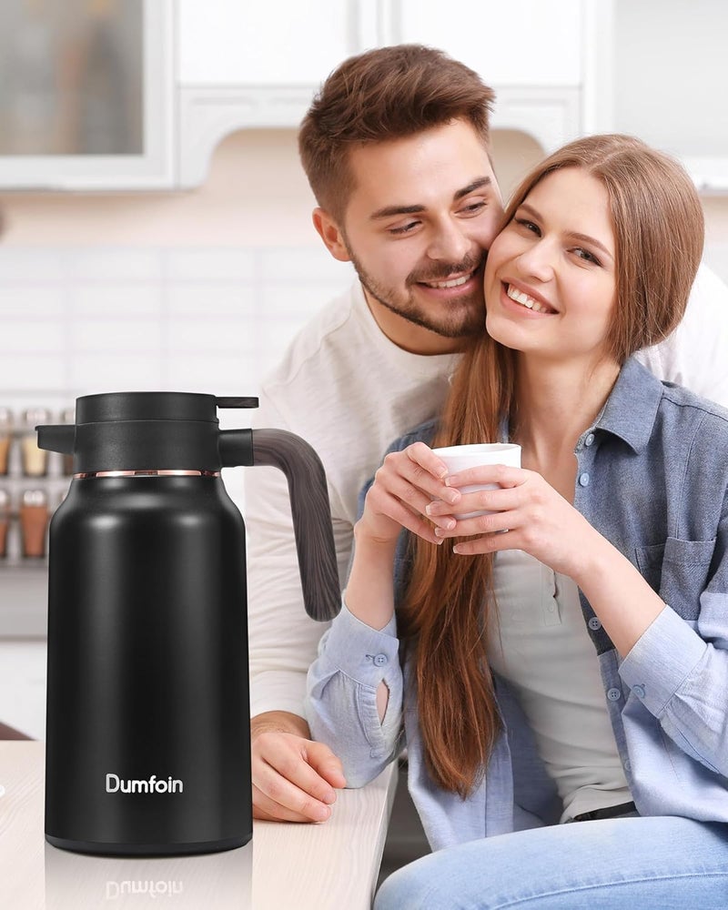 Dumfoin إبريق حراري للسائل الساخن سعة 70 أونصة - إبريق قهوة ستانلس ستيل حراري لمدة 12 ساعة - إباريق قهوة معزولة للحفاظ على القهوة الساخنة/الباردة، الشاي، الماء، موزع المشروبات للحفلات (2 أسود) - Image 3